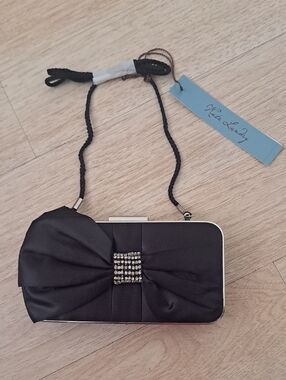 Kate Landry Black Satin Clutch with Bow and Rhinestone Accent